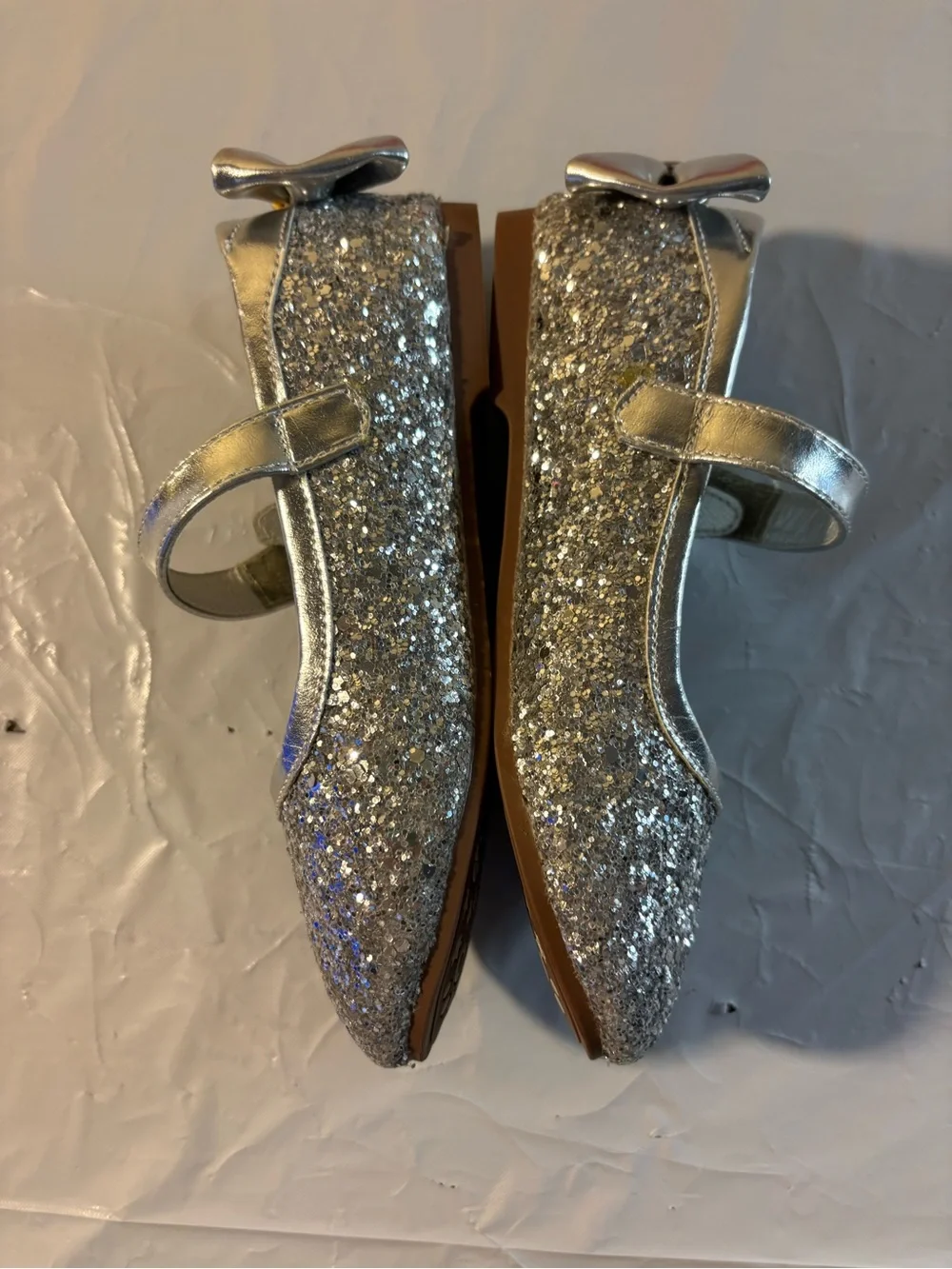 EUC Silver Sequined Mary Jane Dress Shoes, Hook/Loop Closure, Cushioned, Angela